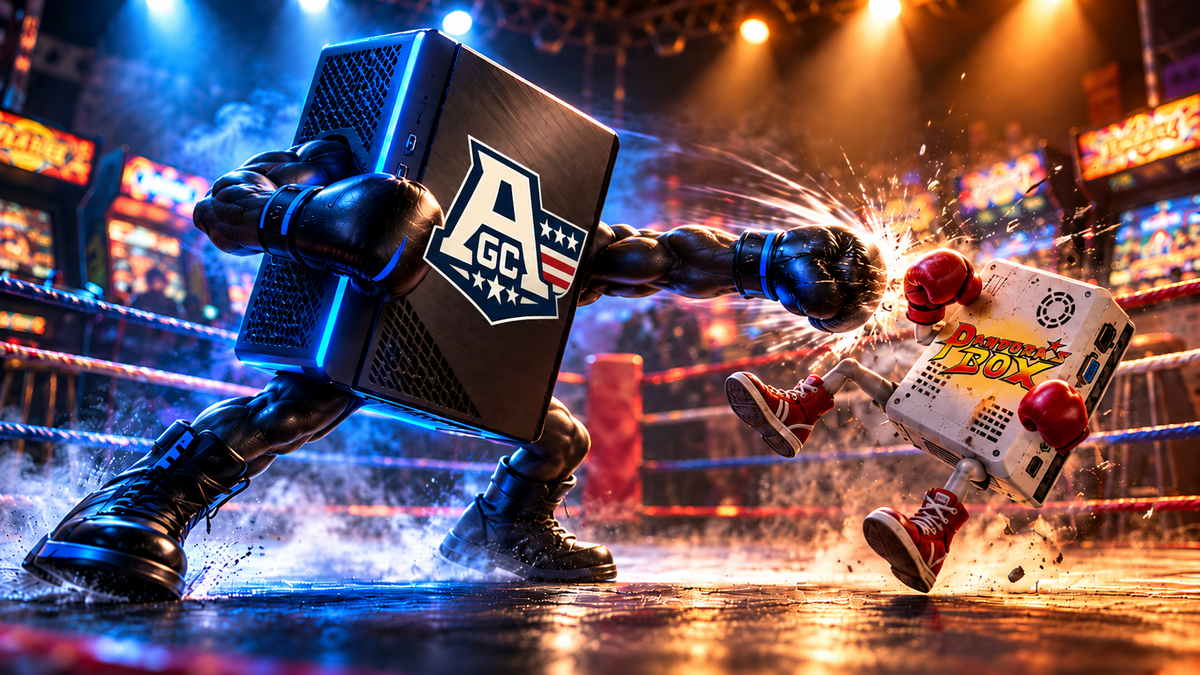 American Gear Company Ryzen PC defeating a Pandora’s Box arcade system in a boxing ring
